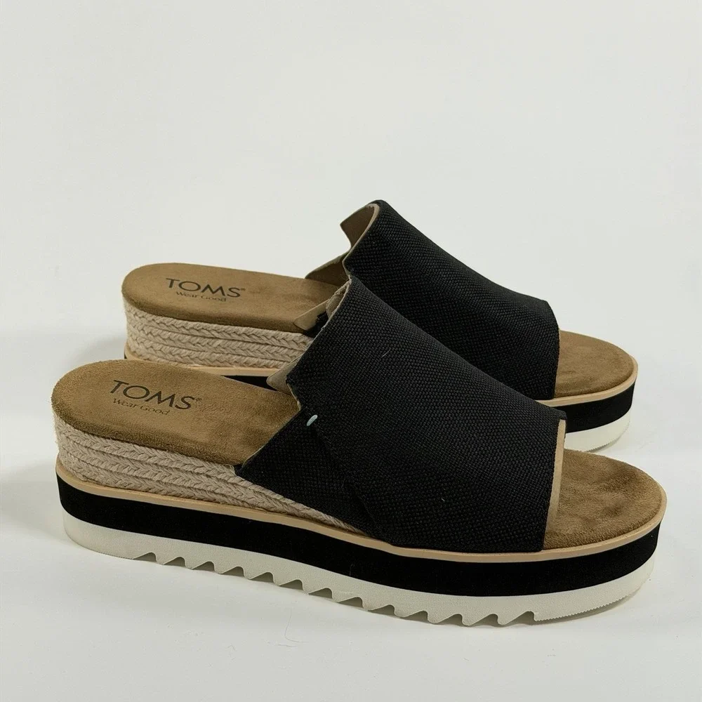 TOMS Size-8 Womens Diana Mule Platform Wedge Espadrille Black Casual Sandals